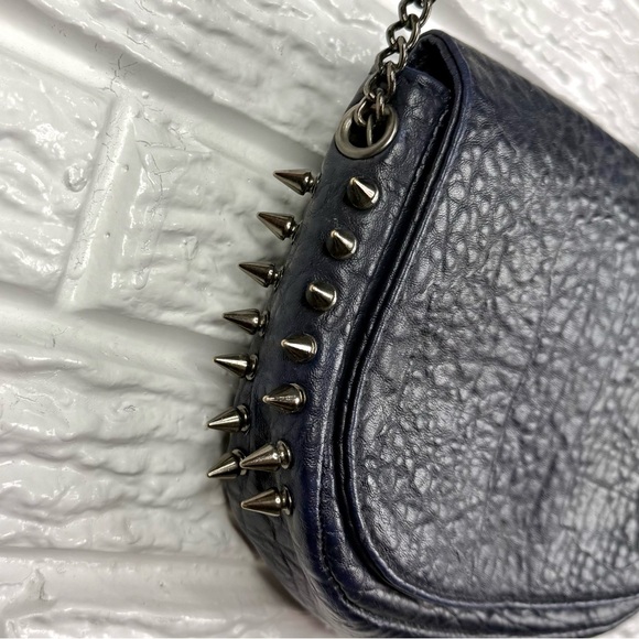 Studded Navy Blue Faux Leather Crossbody Bag Pewter Hardware Shoulder Strap - Picture 4 of 9